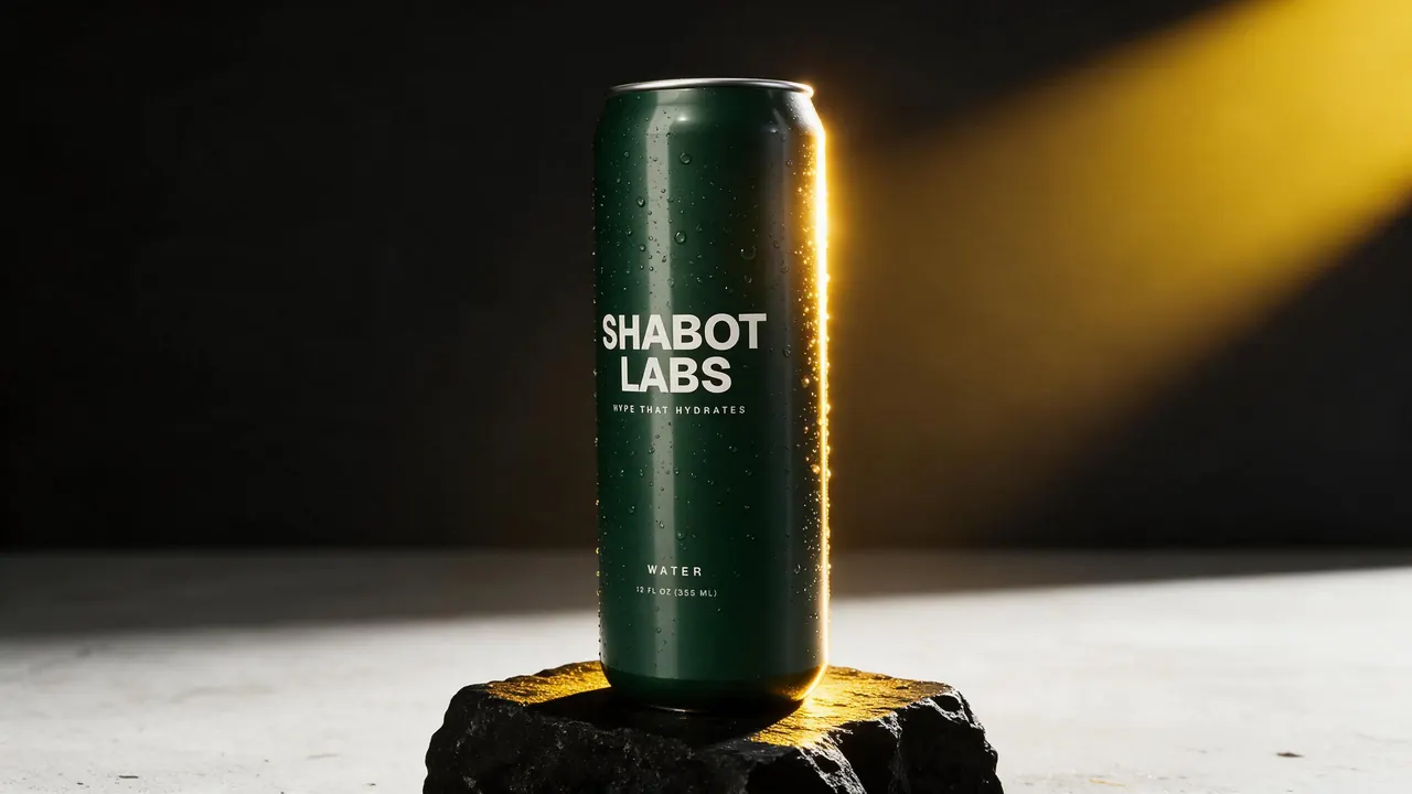 A green Shabot Labs slim 12 oz can on a stone block