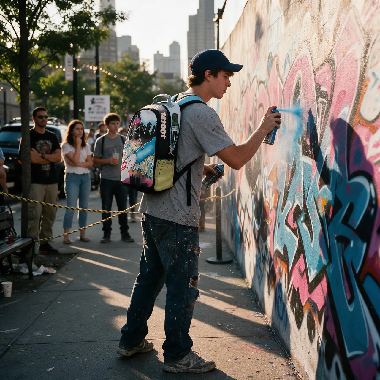 A street artist wearing a 2008 Tatoot backpack spray-paints a legal graffiti wall